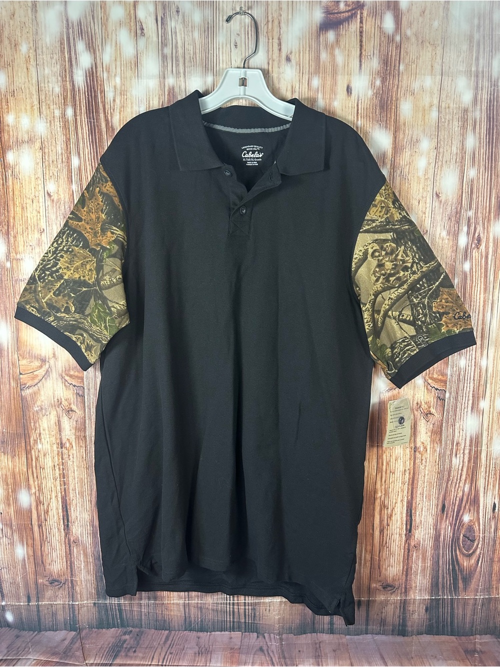 NWT Cabela's Men's Black Polo with Camo Sleeves 
 Size XL